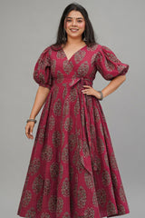Magenta Cotton Floral Printed Flared Kurti Set - red cotton saree