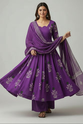 Purple Cotton Floral Printed Flared Kurti Set