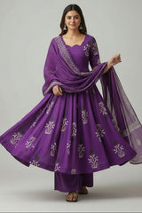 Purple Cotton Floral Printed Flared Kurti Set