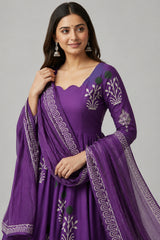 Purple Cotton Floral Printed Flared Kurti Set