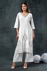 Off White Rayon Embroidered Co-Ord Set