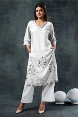 Off White Rayon Embroidered Co-Ord Set