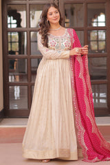 Cream Jacquard Silk Beaded and Sequin Worked Anarkali Kurti with Bandhej Dupatta