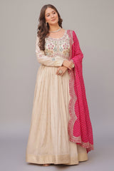 Cream Jacquard Silk Beaded and Sequin Worked Anarkali Kurti with Bandhej Dupatta