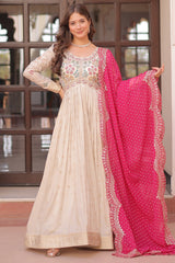 Cream Jacquard Silk Beaded and Sequin Worked Anarkali Kurti with Bandhej Dupatta