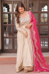 Cream Jacquard Silk Beaded and Sequin Worked Anarkali Kurti with Bandhej Dupatta