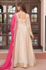 Cream Jacquard Silk Beaded and Sequin Worked Anarkali Kurti with Bandhej Dupatta