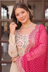 Cream Jacquard Silk Beaded and Sequin Worked Anarkali Kurti with Bandhej Dupatta