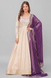 Cream Jacquard Silk Beaded Sequin Anarkali Kurti with Bandhej Dupatta