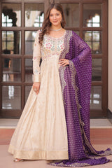 Cream Jacquard Silk Beaded Sequin Anarkali Kurti with Bandhej Dupatta
