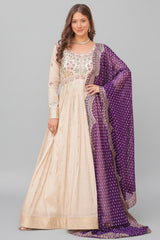 Cream Jacquard Silk Beaded Sequin Anarkali Kurti with Bandhej Dupatta