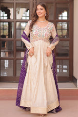 Cream Jacquard Silk Beaded Sequin Anarkali Kurti with Bandhej Dupatta