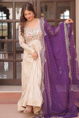 Cream Jacquard Silk Beaded Sequin Anarkali Kurti with Bandhej Dupatta