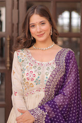 Cream Jacquard Silk Beaded Sequin Anarkali Kurti with Bandhej Dupatta