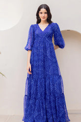 Blue Georgette Bandhej Printed Maxi Dress