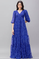 Blue Georgette Bandhej Printed Maxi Dress