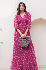 Pink Georgette V Neck Flared Maxi Dress - red georgette saree