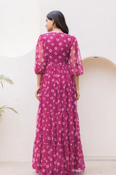 Pink Georgette V Neck Flared Maxi Dress - red georgette saree