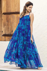 Blue Georgette Printed Spaghetti Strap Maxi Dress