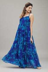 Blue Georgette Printed Spaghetti Strap Maxi Dress
