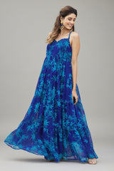 Blue Georgette Printed Spaghetti Strap Maxi Dress - blue georgette saree