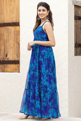 Blue Georgette Printed Spaghetti Strap Maxi Dress - blue georgette saree
