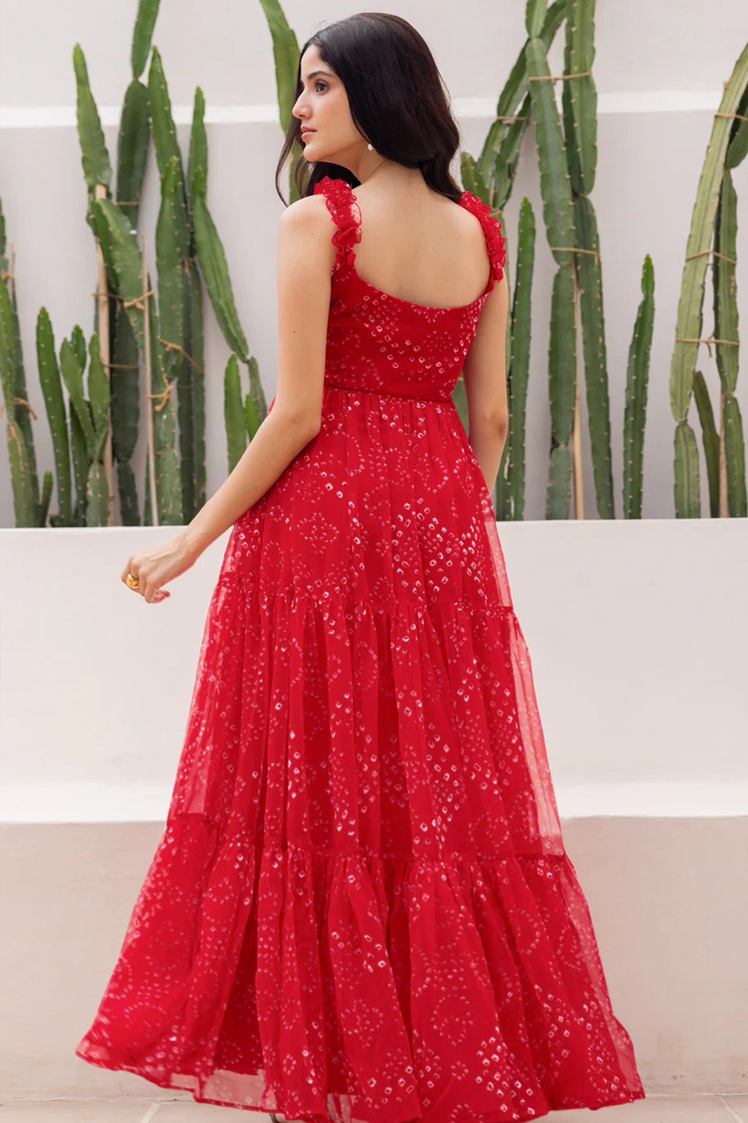 Red Georgette Flared Spaghetti Strap Maxi Dress - red georgette saree