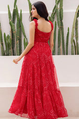 Red Georgette Flared Spaghetti Strap Maxi Dress - red georgette saree