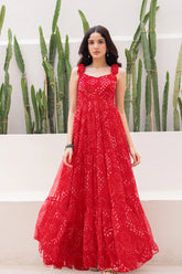 Red Georgette Flared Spaghetti Strap Maxi Dress - red georgette saree