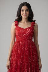 Red Georgette Flared Spaghetti Strap Maxi Dress - red georgette saree