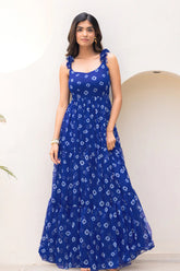 Blue Georgette Bandhej Printed Maxi Dress