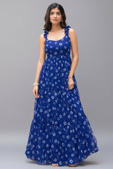 Blue Georgette Bandhej Printed Maxi Dress