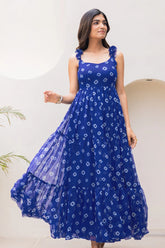 Blue Georgette Bandhej Printed Maxi Dress - blue georgette saree bandhej