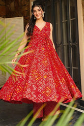 Red Rayon Printed Anarkali Kurti with Palazzo - red rayon saree