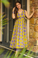 Purple and Yellow Rayon Printed Anarkali Kurti Palazzo Set