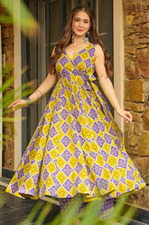 Purple and Yellow Rayon Printed Anarkali Kurti Palazzo Set - yellow rayon saree