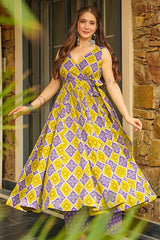 Purple and Yellow Rayon Printed Anarkali Kurti Palazzo Set