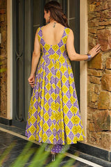 Purple and Yellow Rayon Printed Anarkali Kurti Palazzo Set