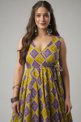 Purple and Yellow Rayon Printed Anarkali Kurti Palazzo Set - yellow rayon saree