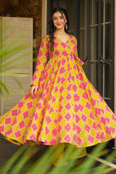 Pink and Yellow Rayon Printed Kurti Set - yellow rayon saree