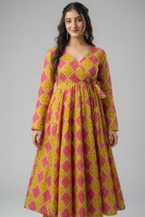 Pink and Yellow Rayon Printed Kurti Set - yellow rayon saree