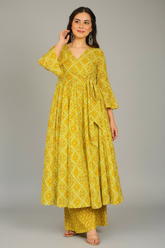 Yellow Rayon Printed Anarkali Kurti and Palazzo Set