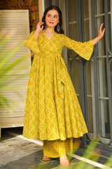 Yellow Rayon Printed Anarkali Kurti and Palazzo Set