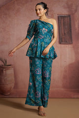 Blue Muslin Silk Printed Co-Ord Set