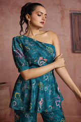 Blue Muslin Silk Printed Co-Ord Set