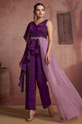 Purple Organza One Shoulder Crop Top Bottom Set - purple organza saree