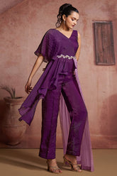 Purple Organza One Shoulder Crop Top Bottom Set - purple organza saree