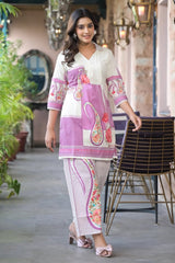 Purple and White Printed Co-Ord Set