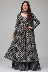 Grey and Black Muslin Printed Flared Anarkali Kurti Set - red muslin saree