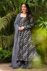 Grey and Black Muslin Printed Flared Anarkali Kurti Set - red muslin saree